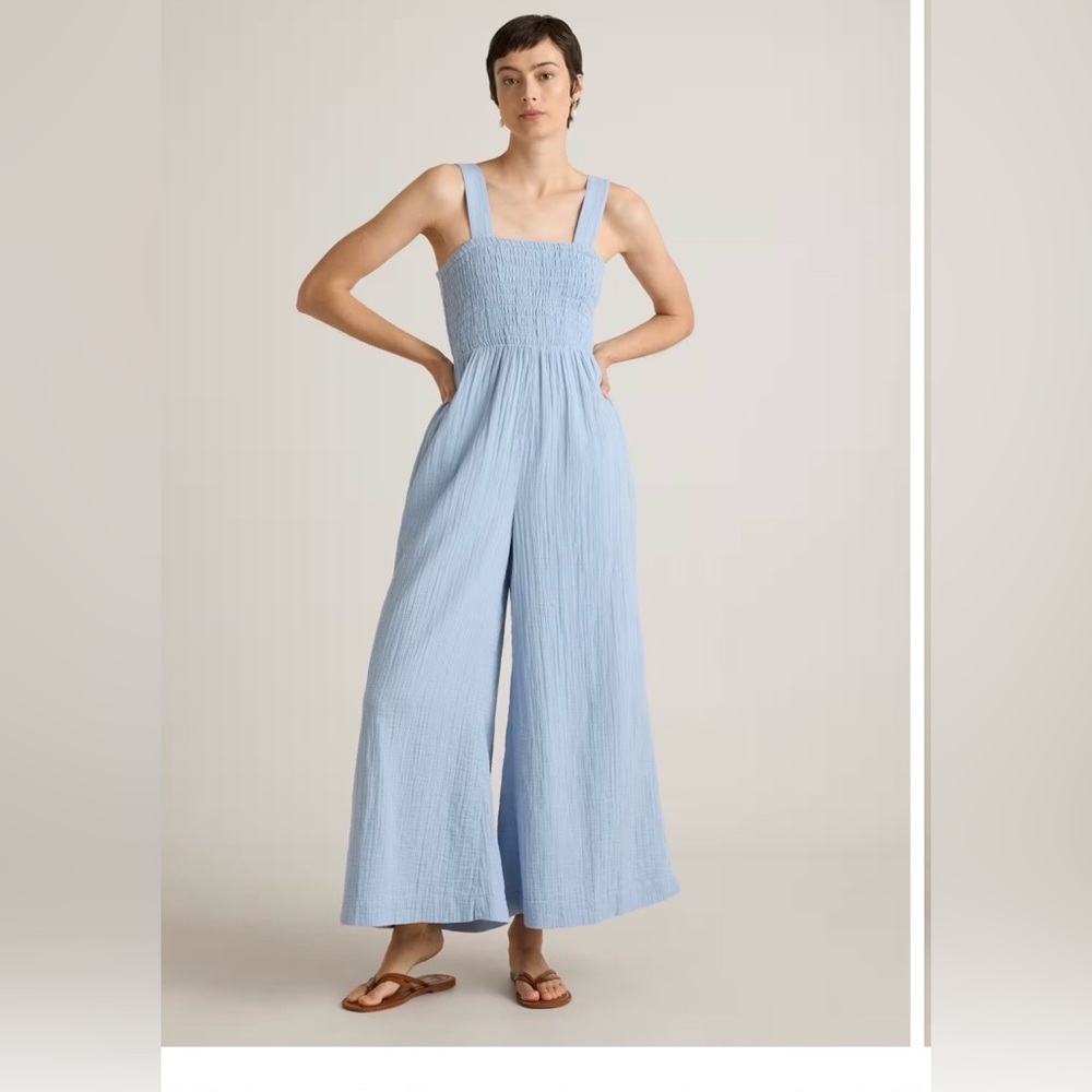 Quince Light Blue Wide-Leg Smocked Jumpsuit